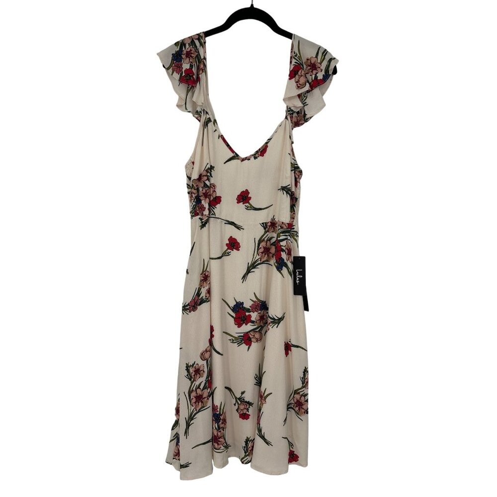 Lulus Flutter Sleeve Floral Dress Ivory Cream Large NEW